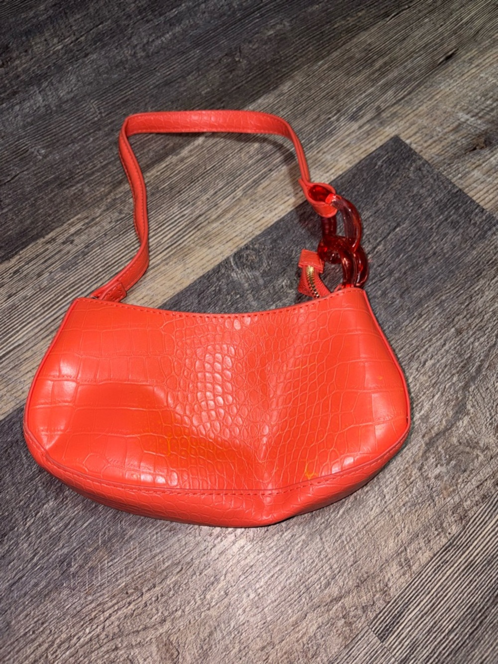 Croc-Embossed Orange Shoulder Bag with Chain Accent
